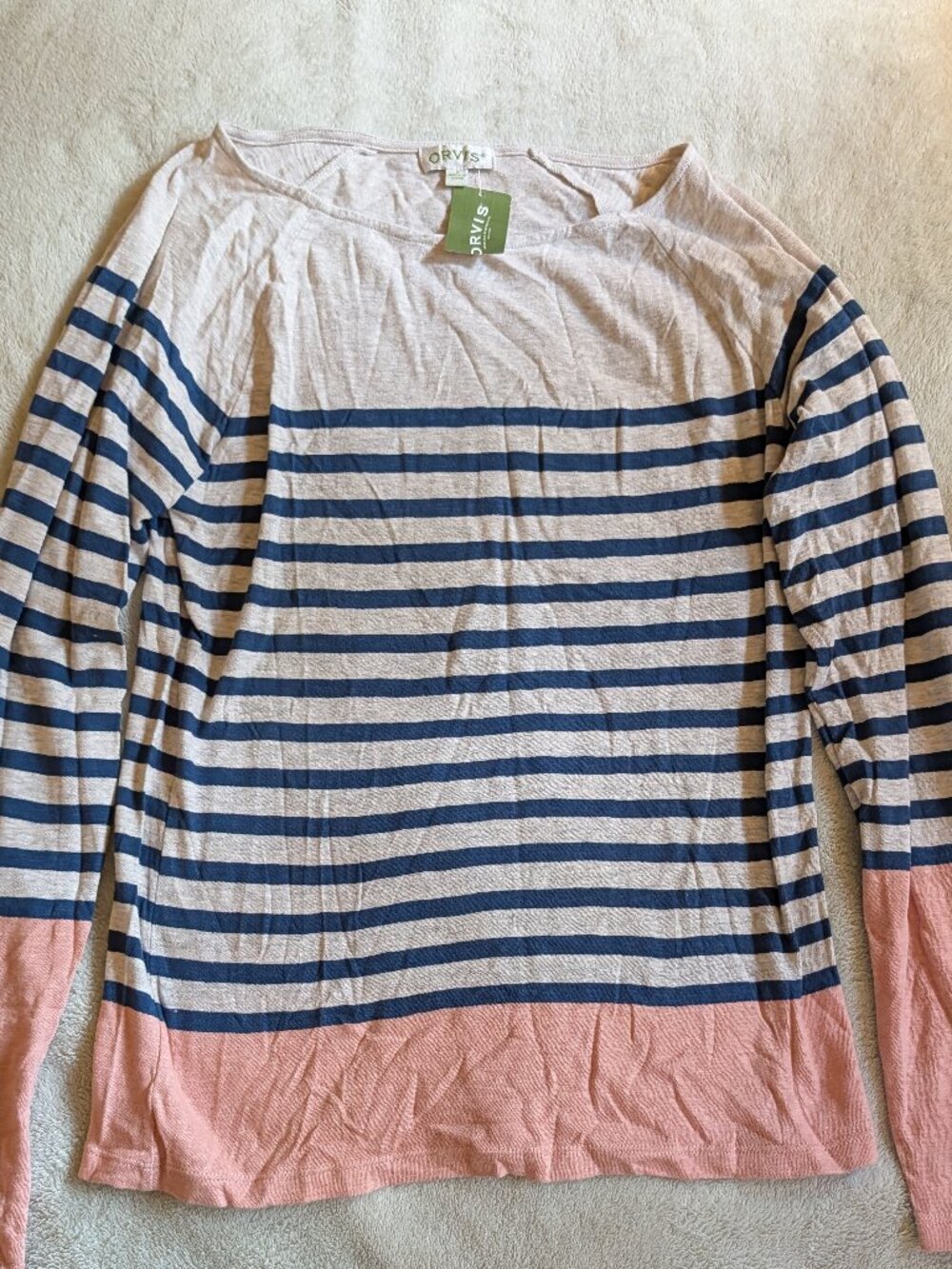 WOMEN'S ORVIS NEW TOP S Small Boatneck T Tee Long Sleeve Pink Gray Black Stripes